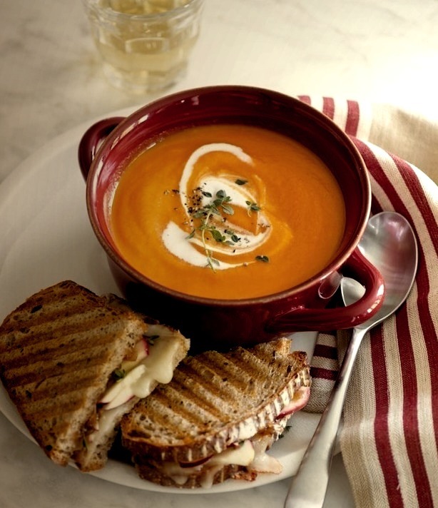 Apple and Cheddar Panini with Onion Jam with Carrot Soup