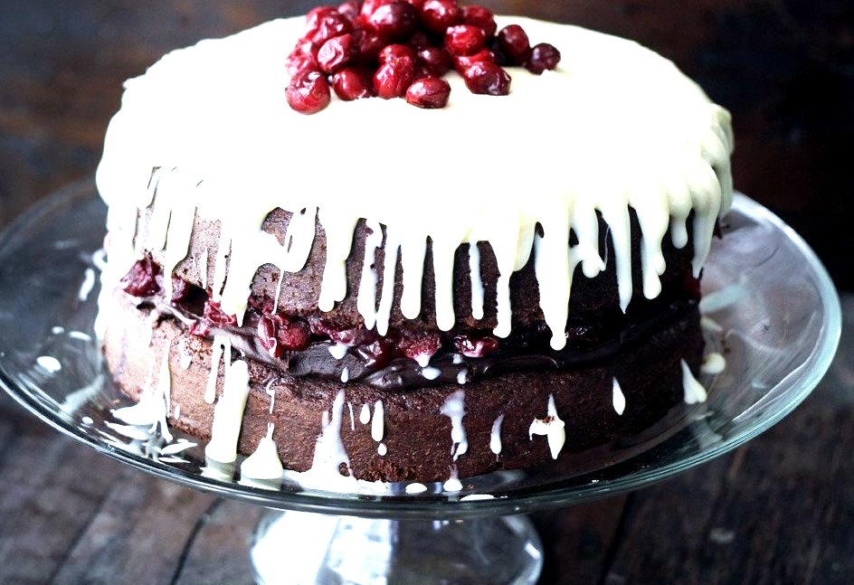 Triple Chocolate Layer Cake with Maple Roasted Cranberries