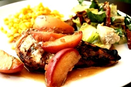 Grilled Pork Chops and Peaches with Bourbon Sauce