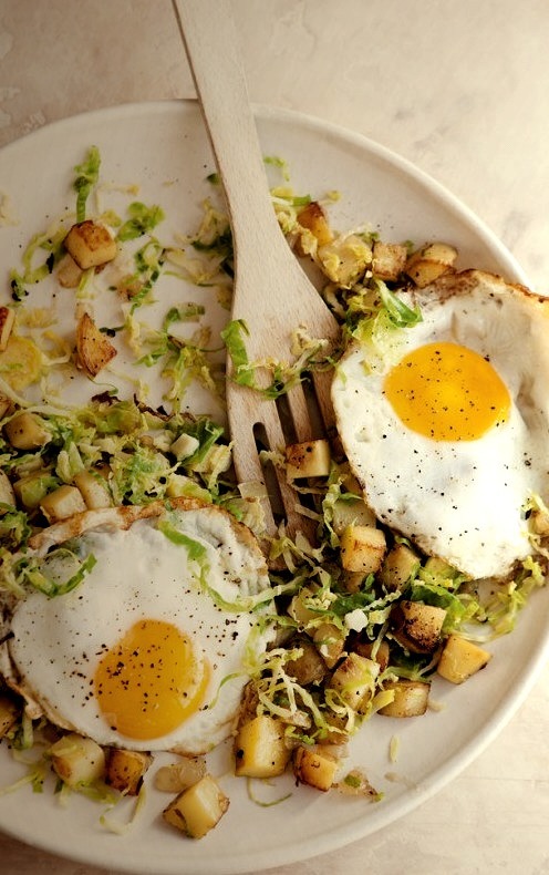 Brussels Sprouts and Potato Hash with Fried Eggs.