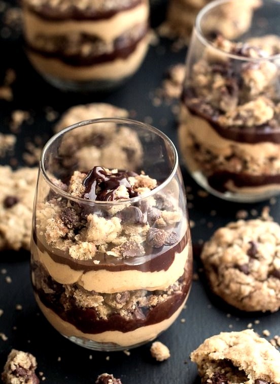 Oatmeal chocolate chip cookie peanut butter fudge parfaits• click here for recipe