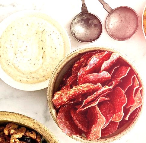 Salami Chips with Grainy Mustard Dip