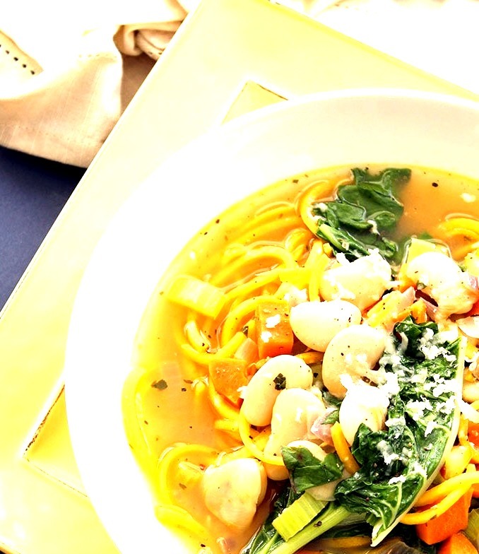 Butternut Squash Noodle Autumn Soup with Swiss Chard and Butter Beans